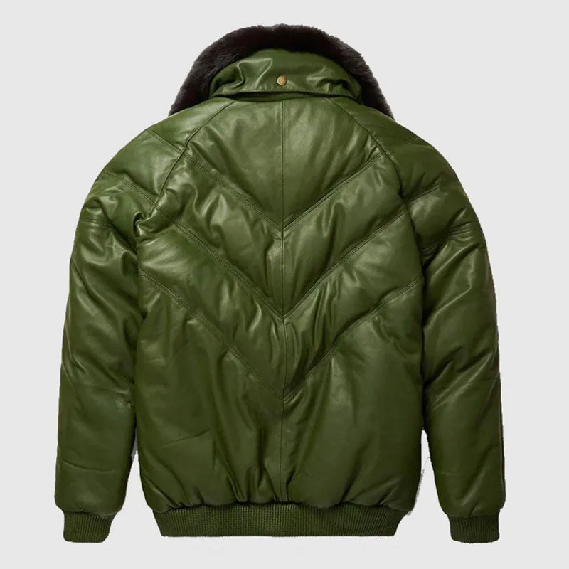 Shop Best Bubble Olive Leather V Bomber Jacket For Mens