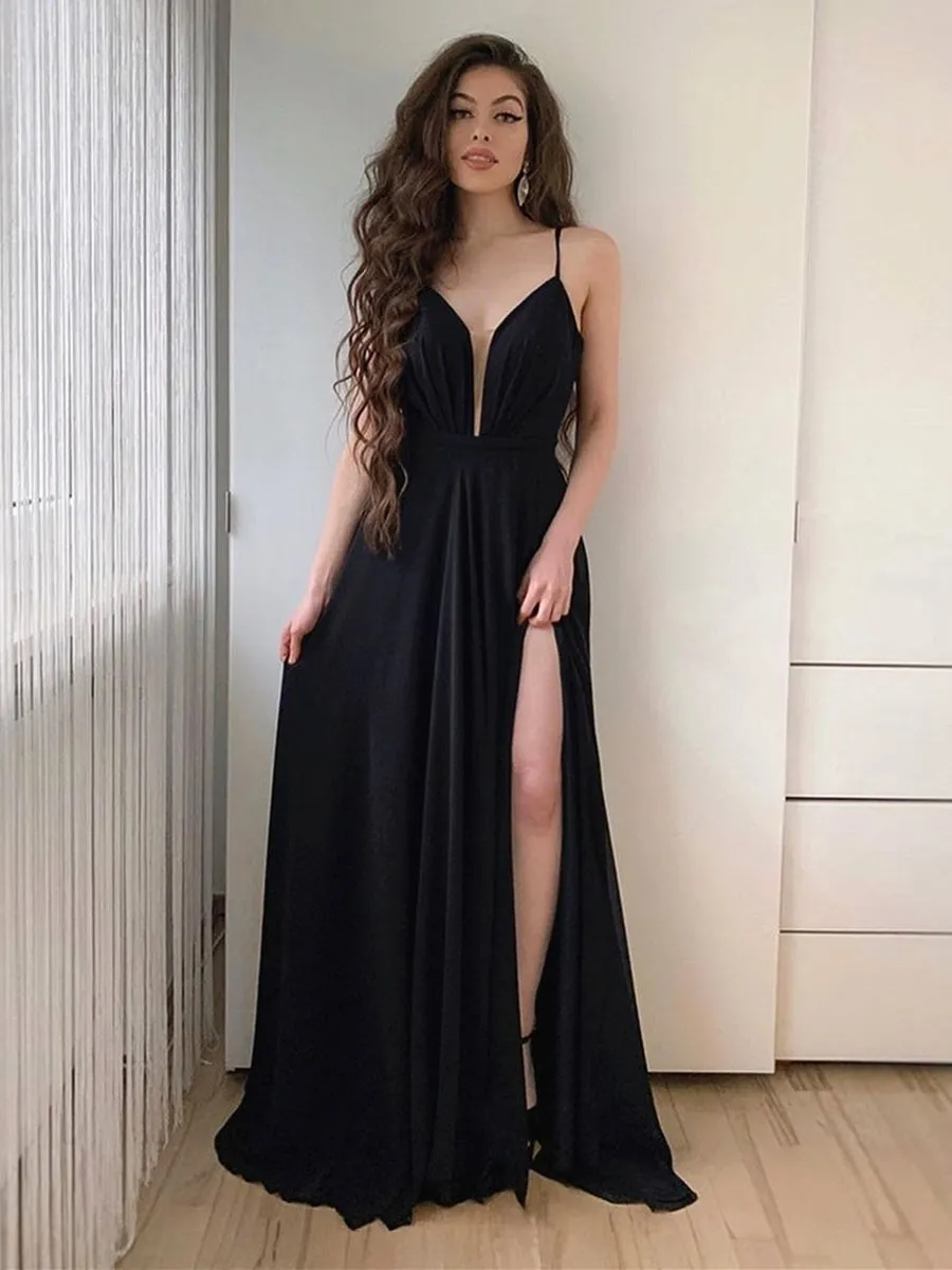 Simple A Line V Neck Long Black Prom with High Slit, V Neck Black Formal Graduation Evening