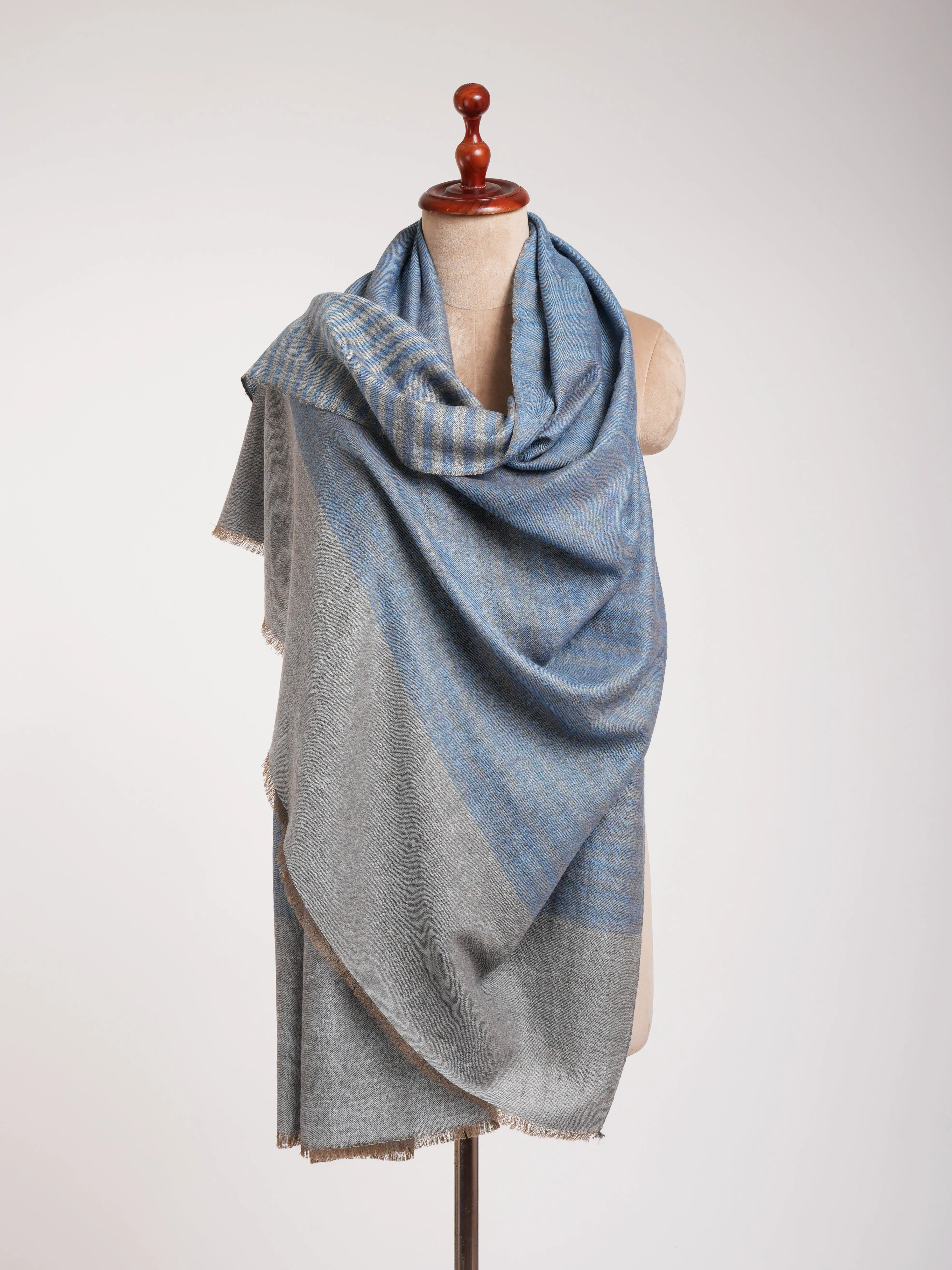 Sky Blue Dorukha Stripes Pure Pashmina Shawl.