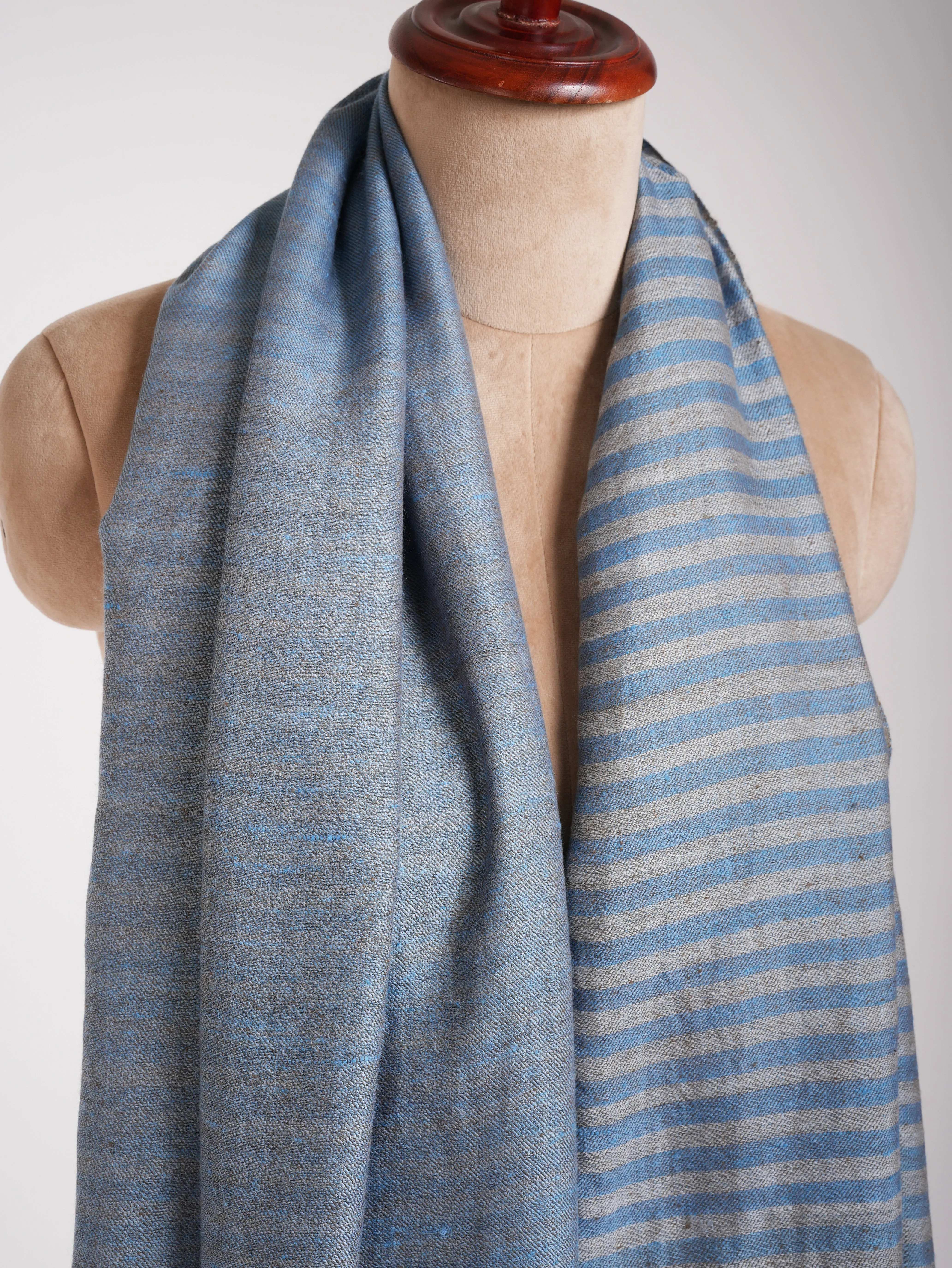 Sky Blue Dorukha Stripes Pure Pashmina Shawl.