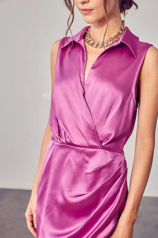 Sleeveless Satin Mini Collared Wrap Dress