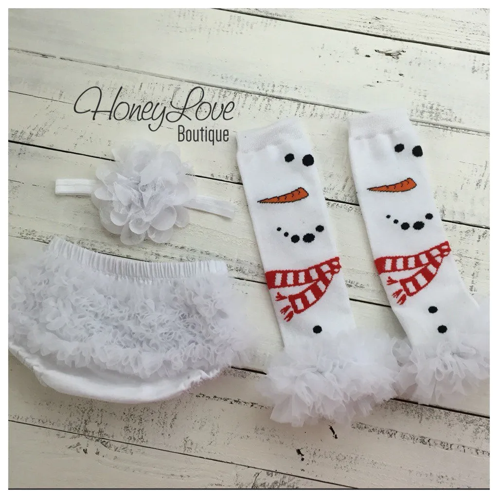 Snowman leg warmers, flower headband, white ruffle bottom bloomers