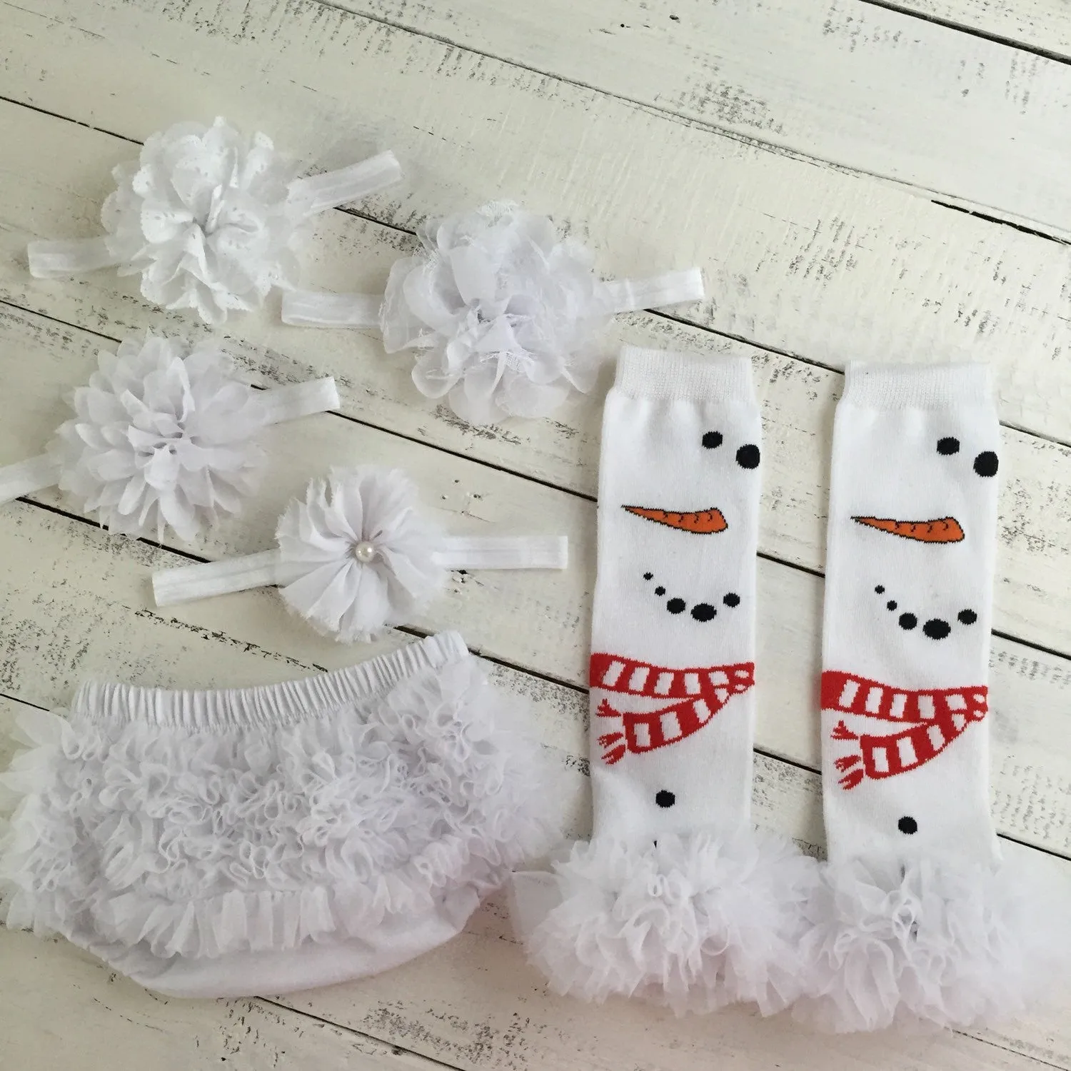 Snowman leg warmers, flower headband, white ruffle bottom bloomers