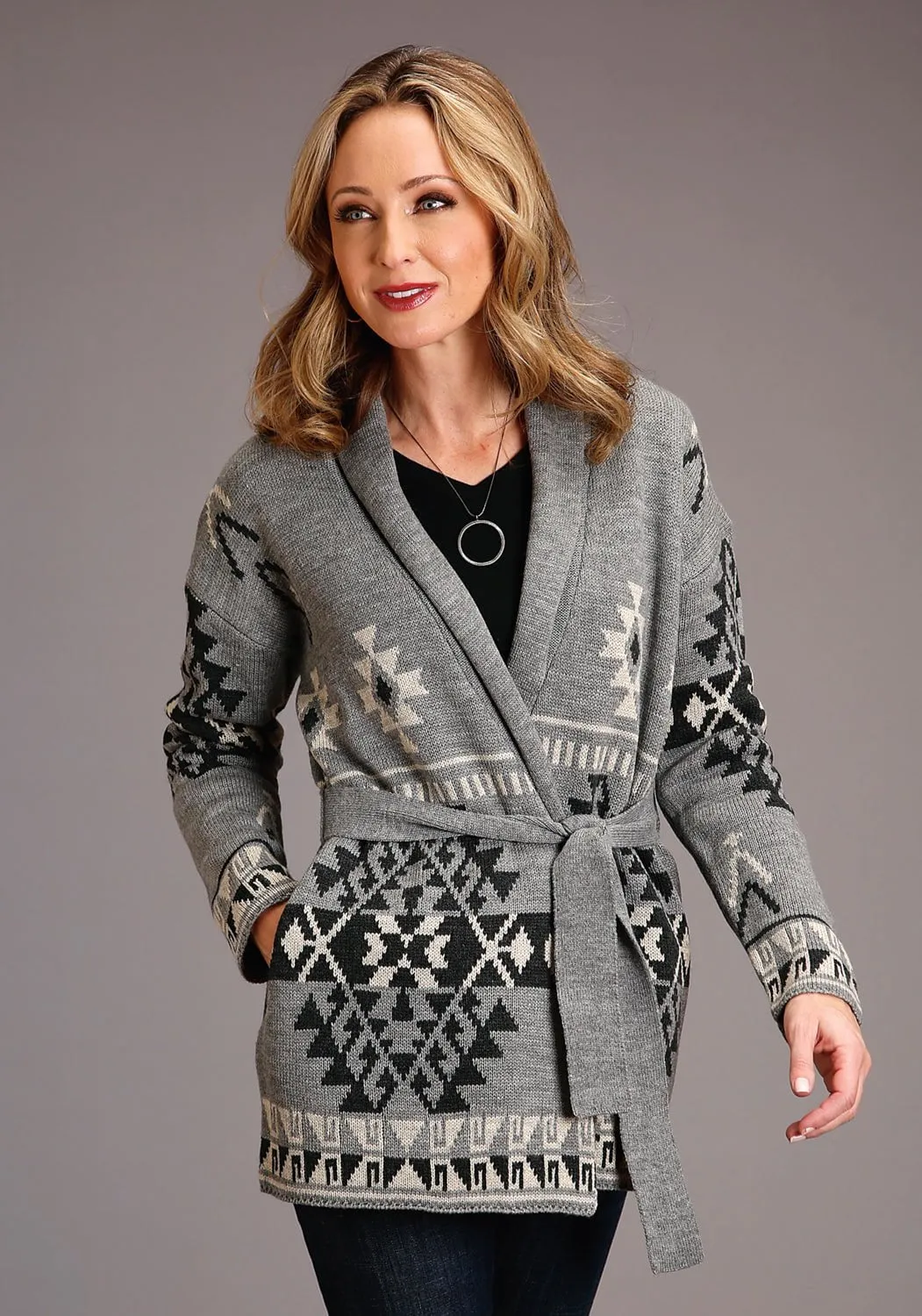 Stetson Womens Aztec Tie Grey 100% Acrylic Cardigan Sweater