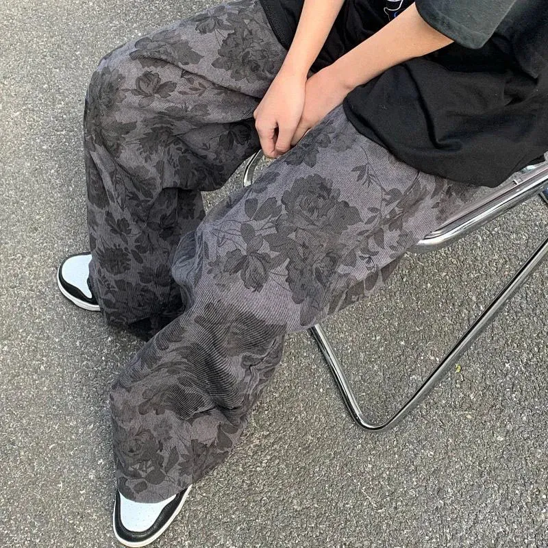 Summer Thin Retro Corduroy Pants Women Harajuku Printed Baggy Wide Leg Trousers Teen High Street Unisex Hip Hop Pants