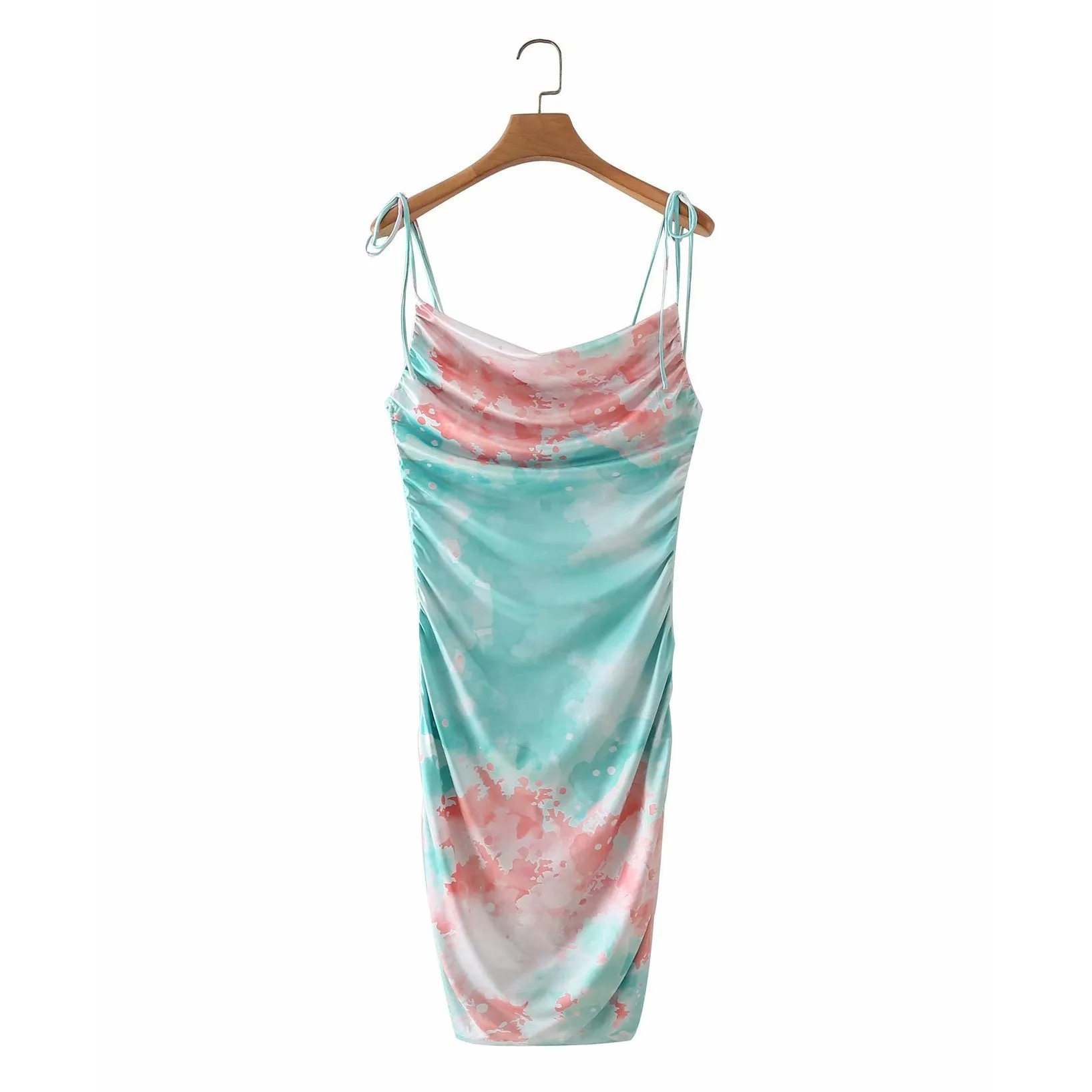 Summer Women Tie Dye Draped  Drawstring Dress Sexy Sling Bodycon Mini