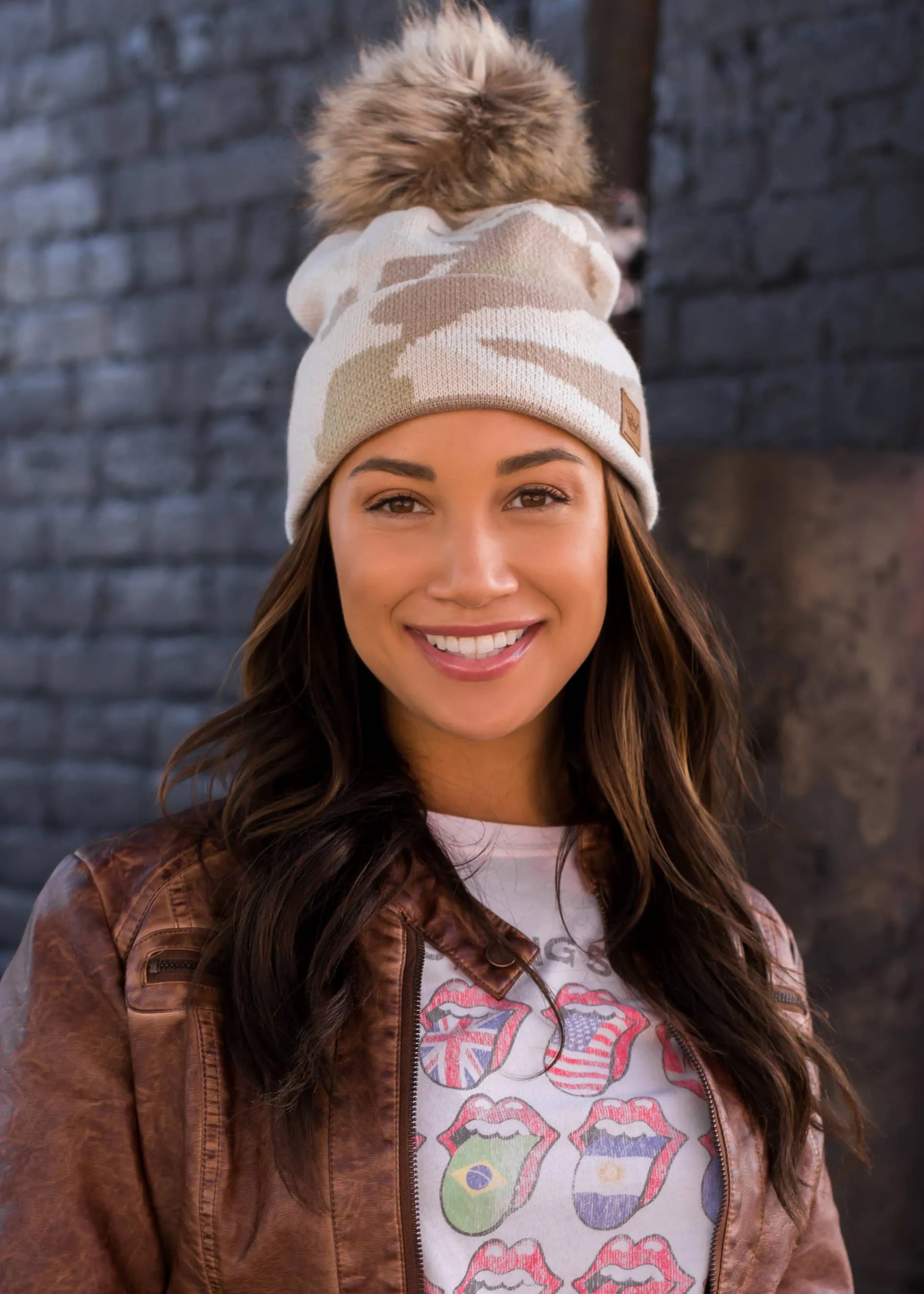 Tan & White Camo Pom Hat