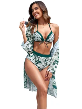 TEEK - Botanical Print Lace-Up Swimsuit Three-Piece Set