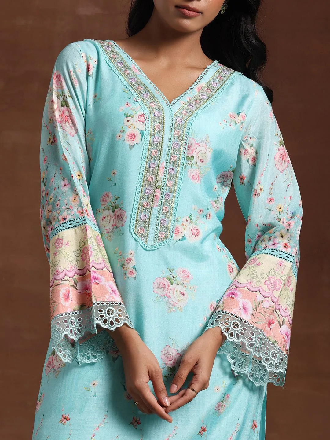 Turquoise Printed Silk Blend Straight Suit With Dupatta