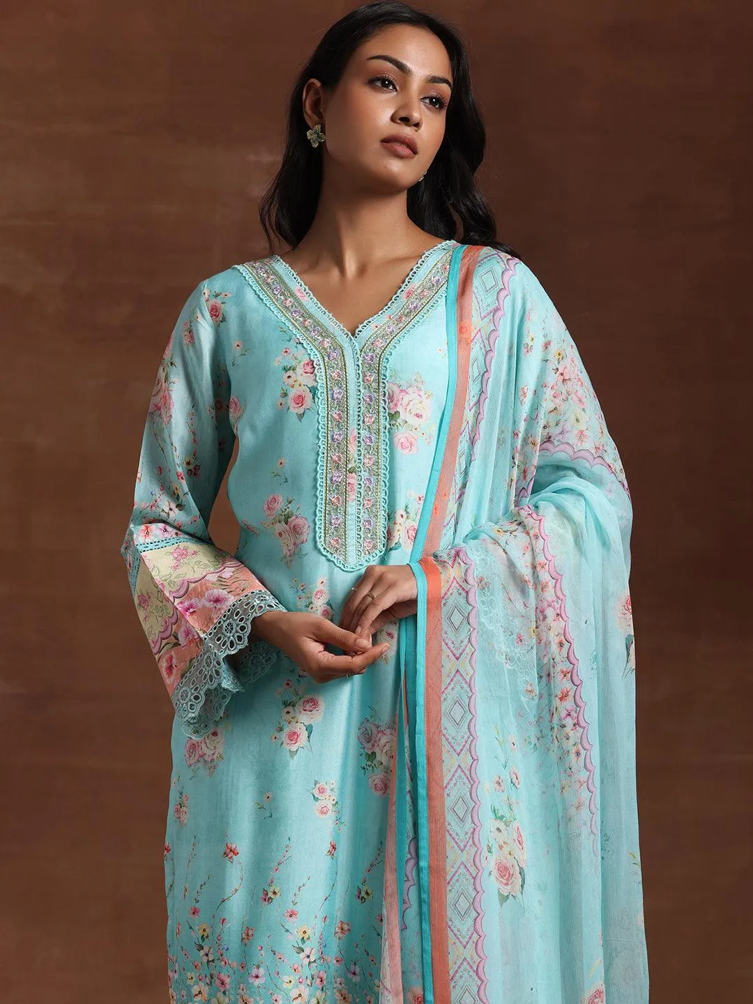 Turquoise Printed Silk Blend Straight Suit With Dupatta