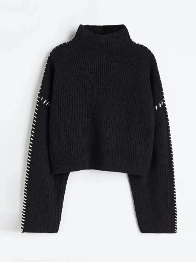 Turtleneck Contrast Color Knit Pullover - Cozy Autumn/Winter Sweater with Patchwork Design