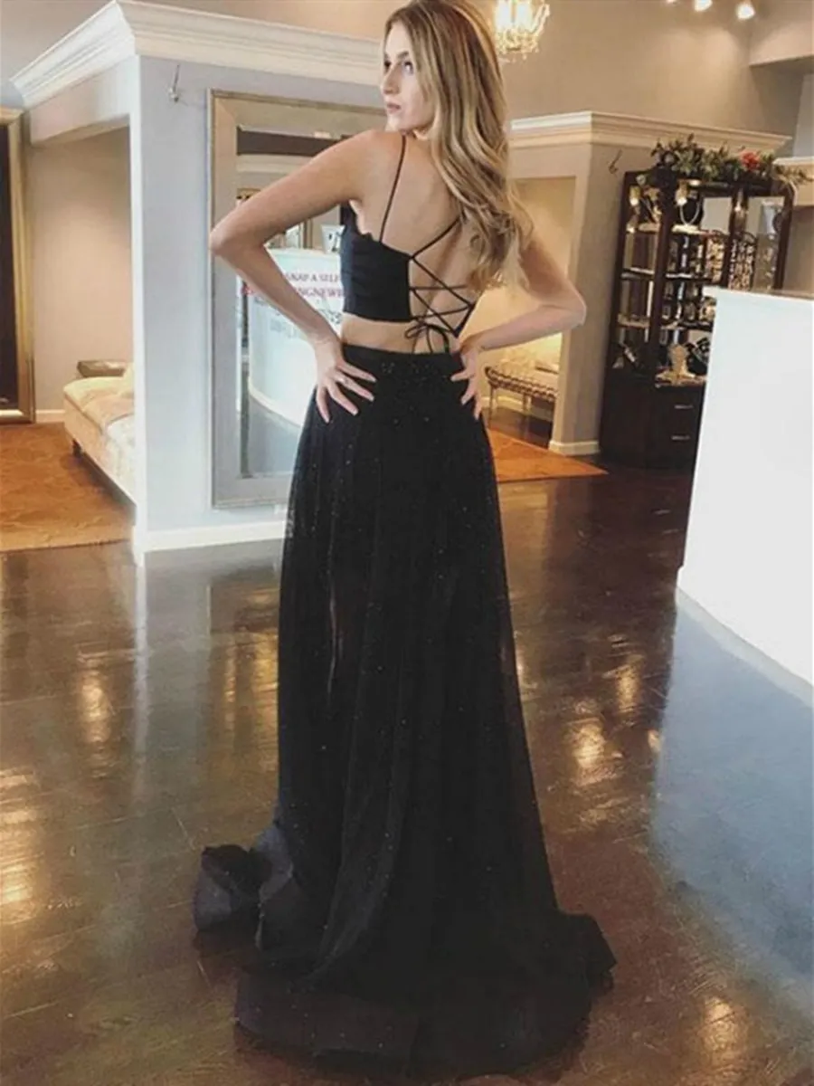 Two Piece Spaghetti Straps Mermaid Cross Back Satin Black Long Prom, 2 Pieces Black Formal, Black Graduation