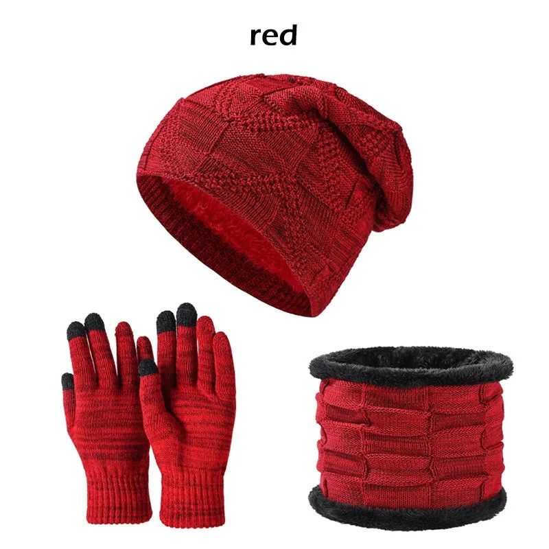 Unisex Winter Beanie Hat Scarf Touchscreen Gloves Set Knit Slouchy Beanie Skull Cap Mittens Circle Scarves | DXBN092