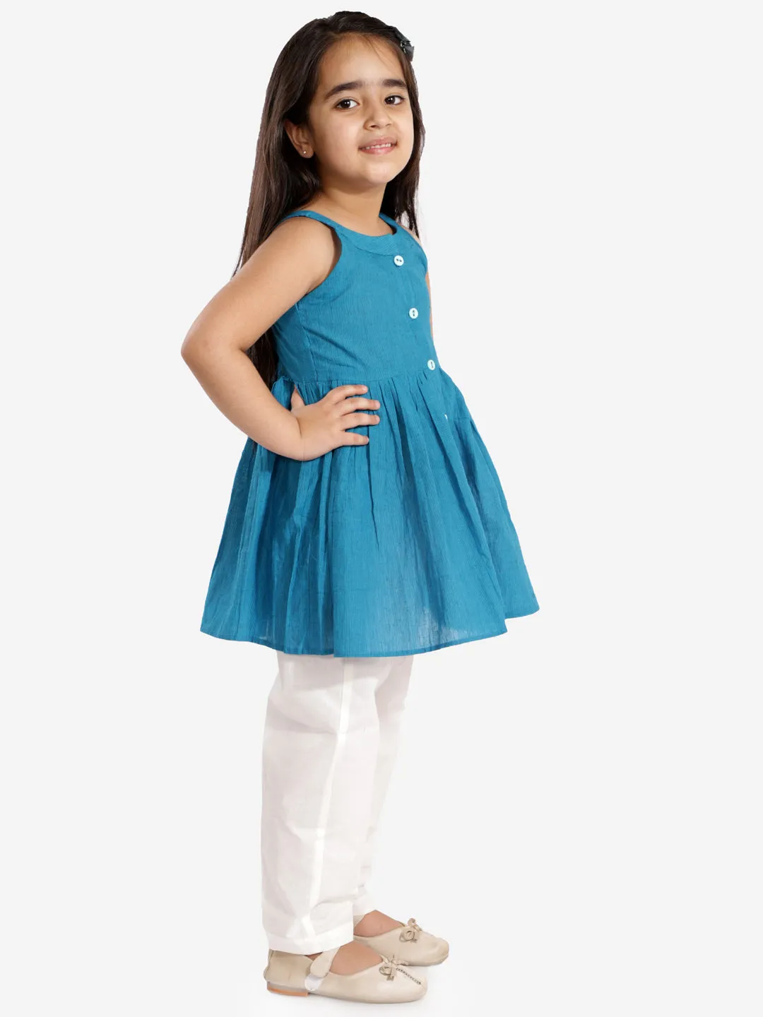 Vastramay Aqua Blue Handloom Cotton Striped Siblings Set