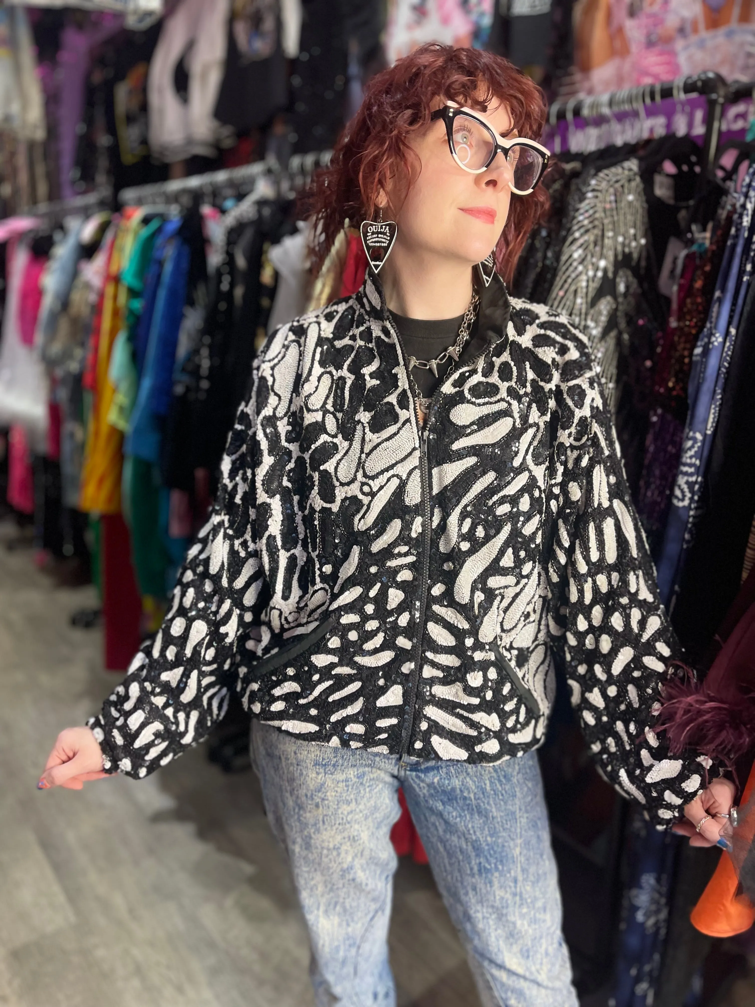 Vintage 90s Black and White Leopard Sequin Jacket