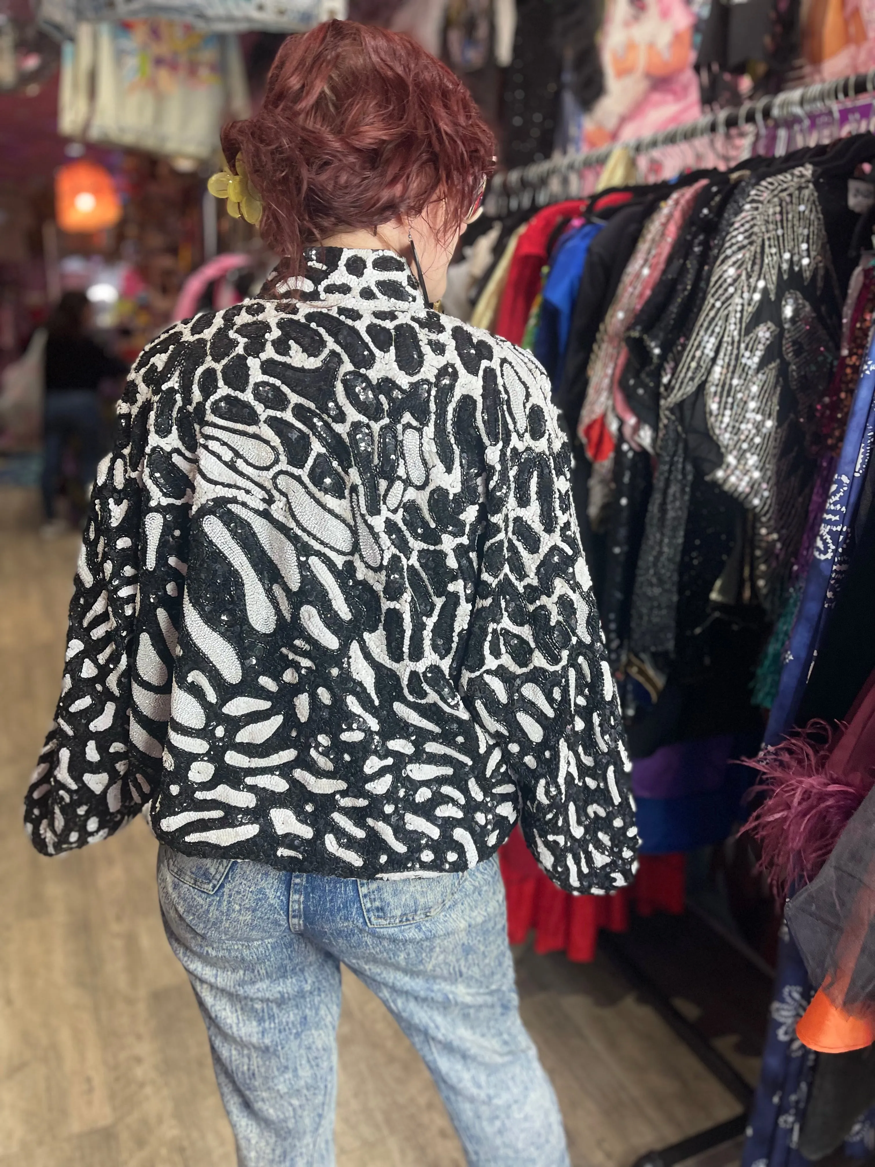 Vintage 90s Black and White Leopard Sequin Jacket