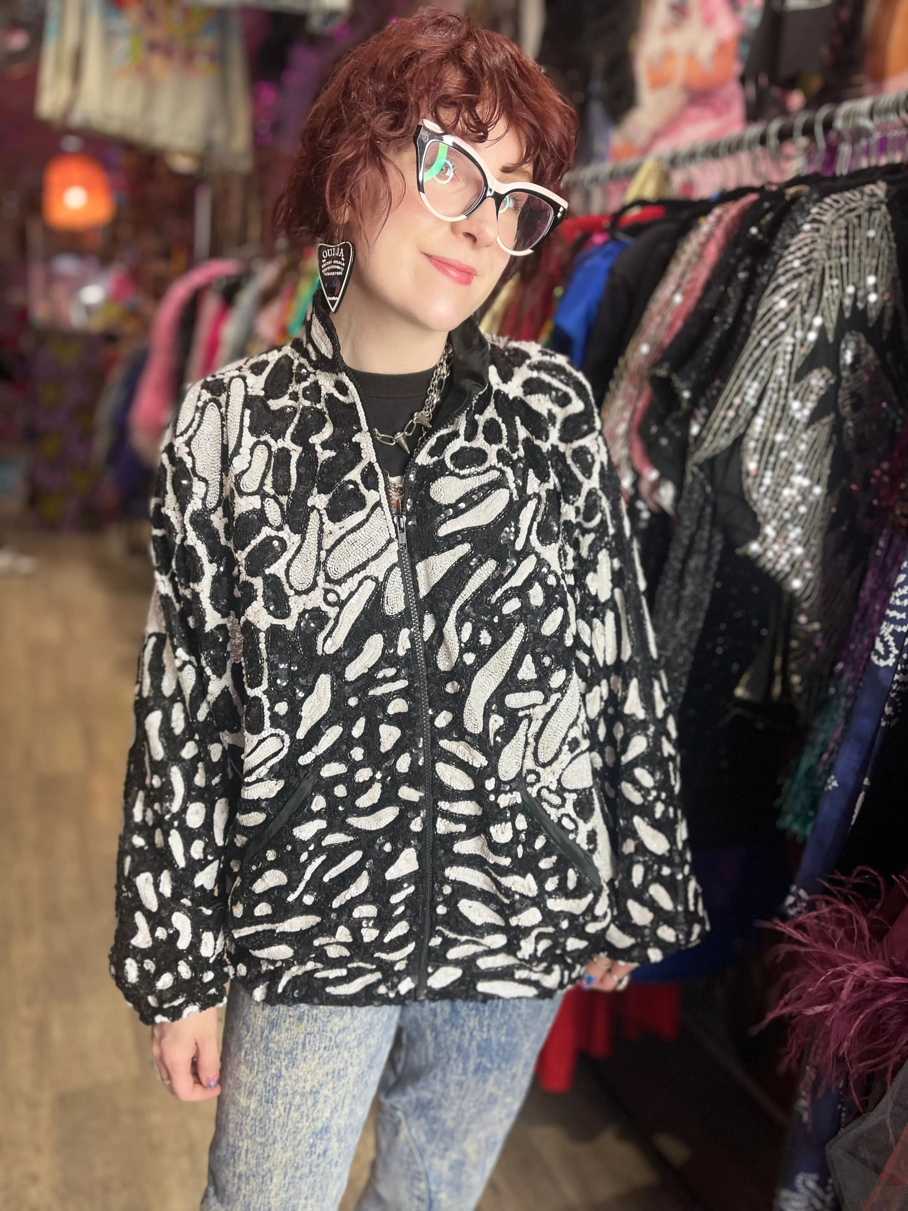 Vintage 90s Black and White Leopard Sequin Jacket