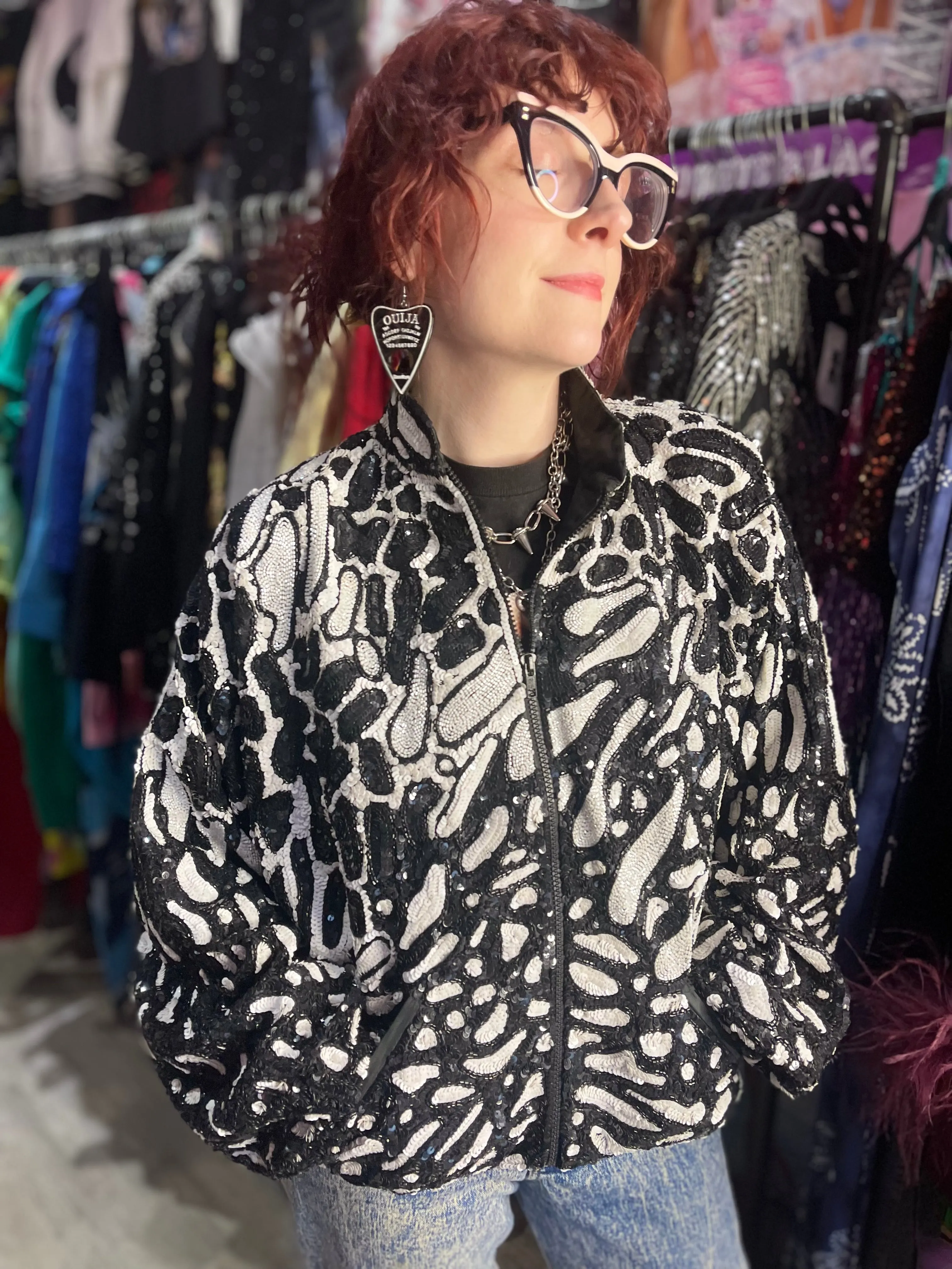 Vintage 90s Black and White Leopard Sequin Jacket