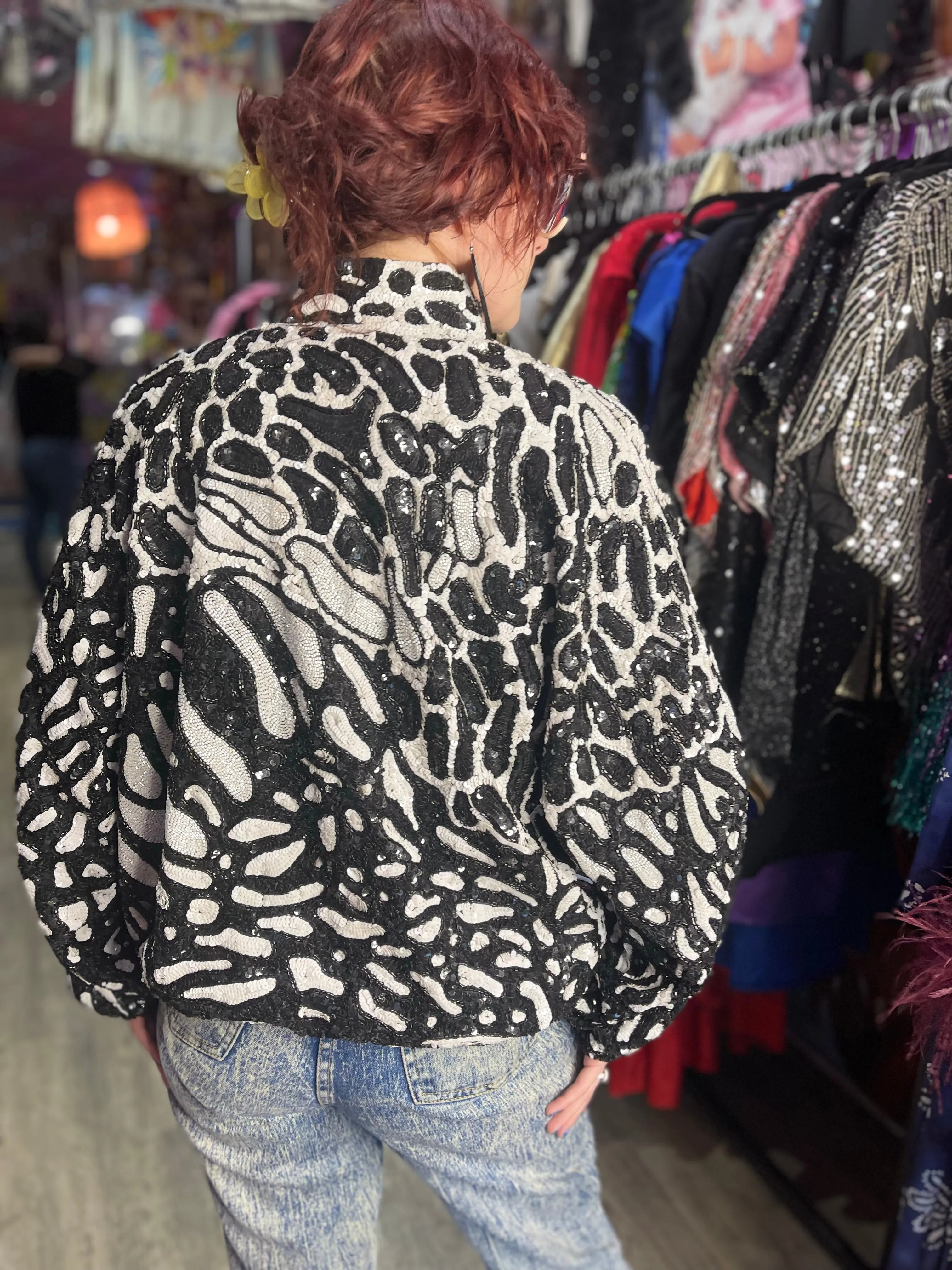 Vintage 90s Black and White Leopard Sequin Jacket