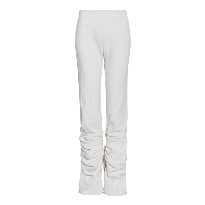 White Corduroy Flare Pants For Women High Waist Casual Ruched Loose Straight Trouser Female Fashion Clothing