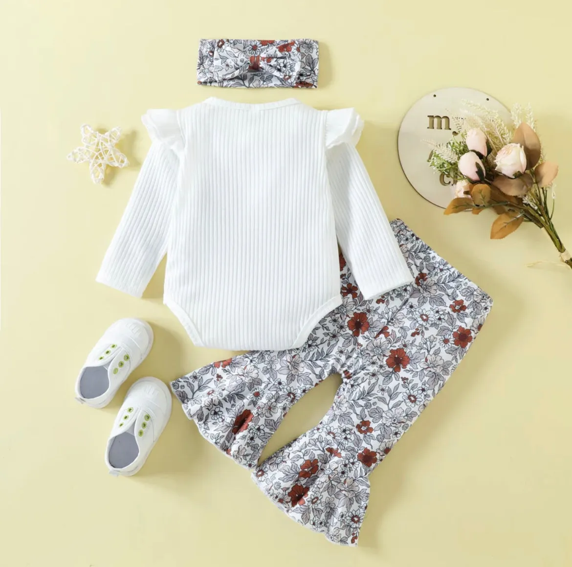 White Floral Flared Pants Set