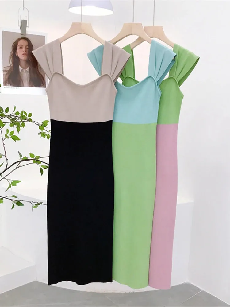 Women Contrast Color Square Neck Knit Midi Dress Slim Fit Female Stretch Knitwear C-151