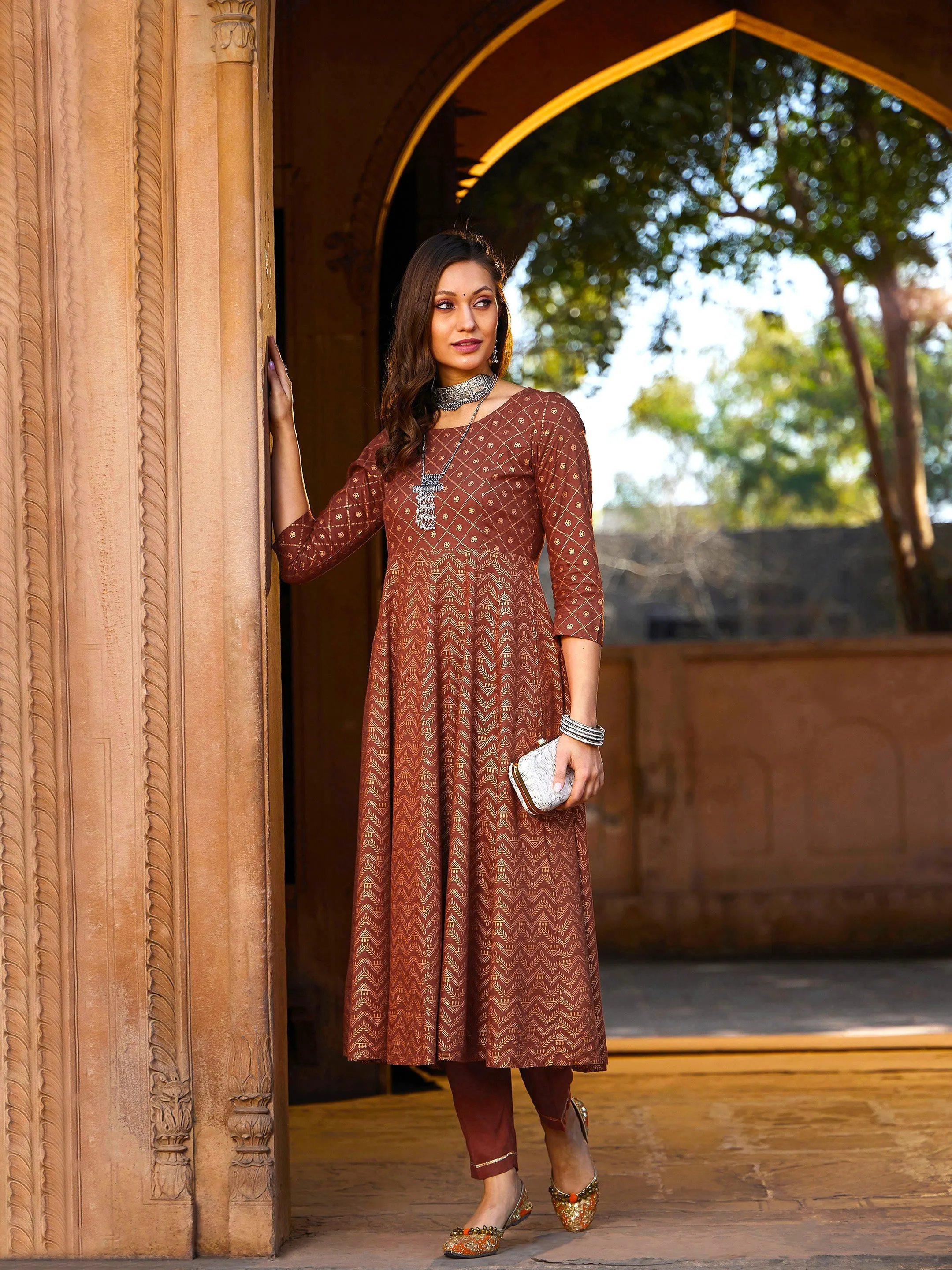 Women Rust Chevron Foil Anarkali Kurta With Pants