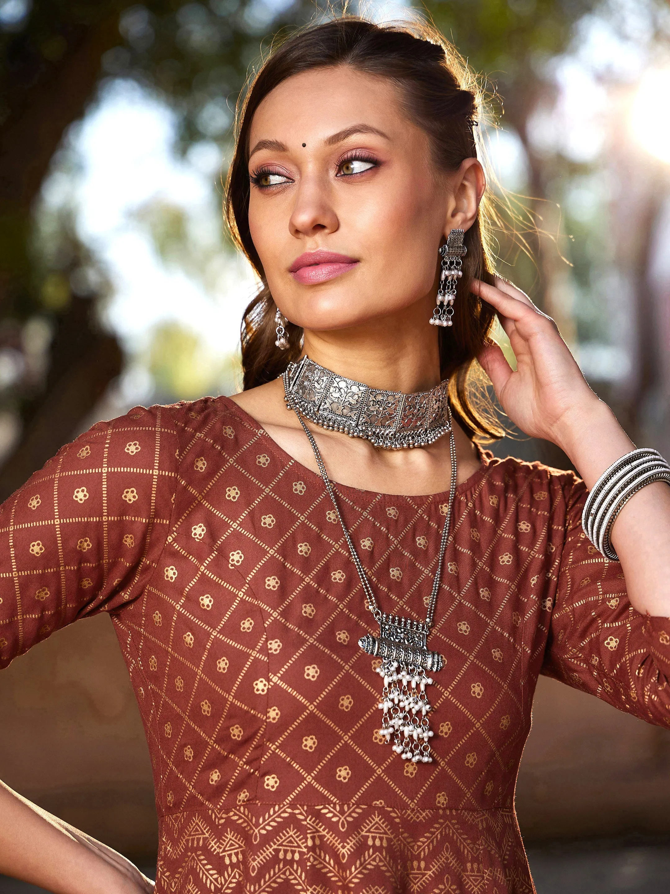 Women Rust Chevron Foil Anarkali Kurta With Pants