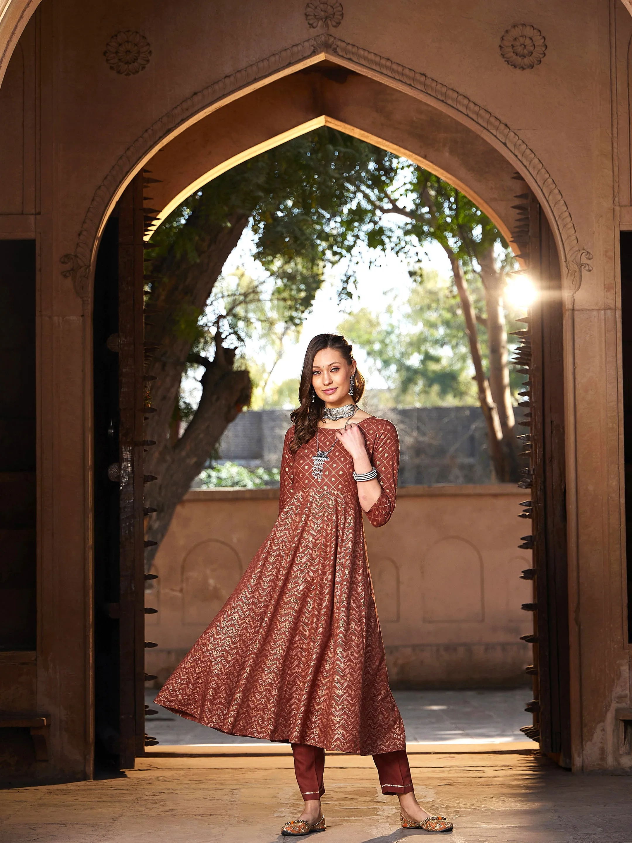 Women Rust Chevron Foil Anarkali Kurta With Pants