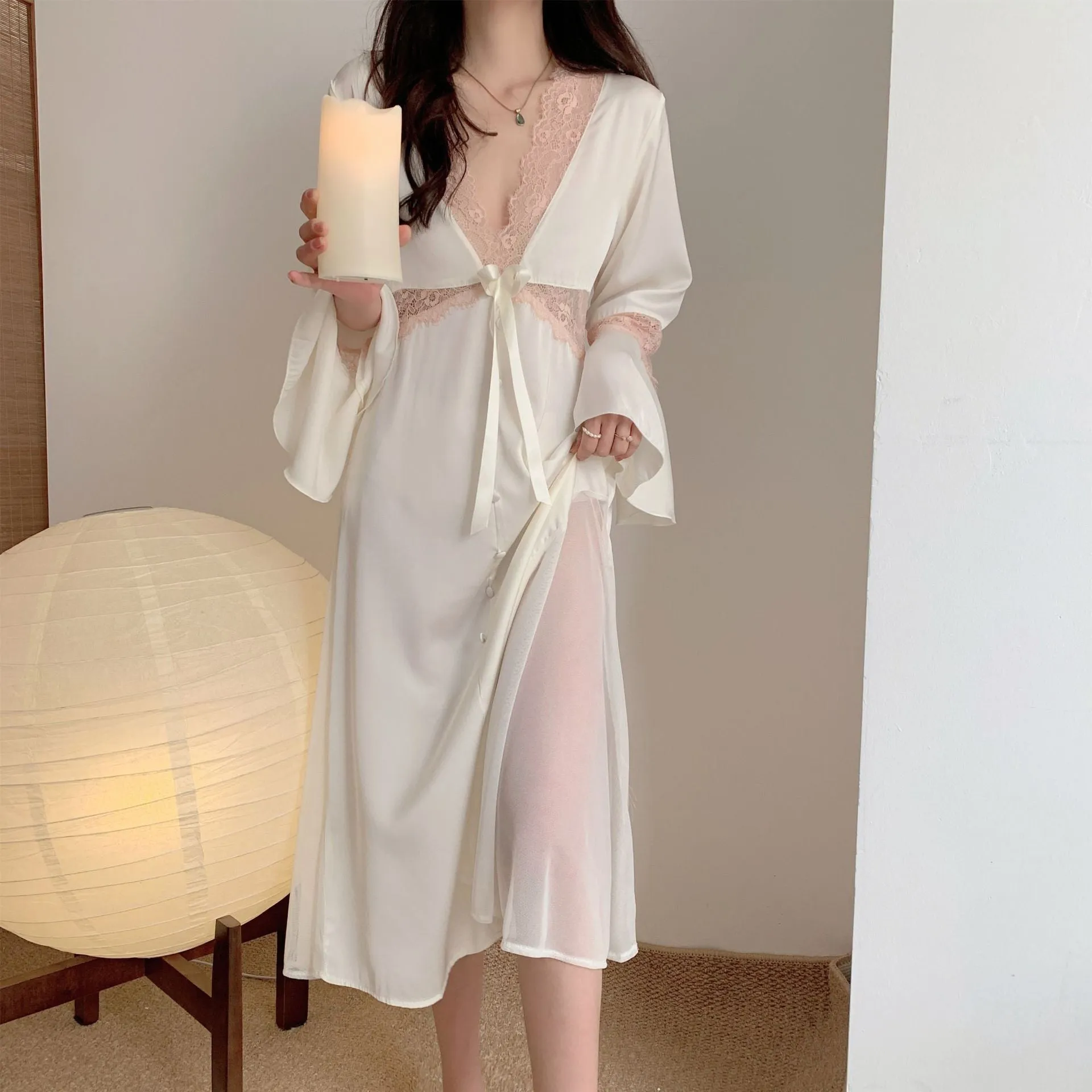 Women's Pajamas Sexy Long Dress Bell Sleeve Silk Like Homewear Deep V Skirt Sexy Lace Dress Sleepdress Nightgown Femme