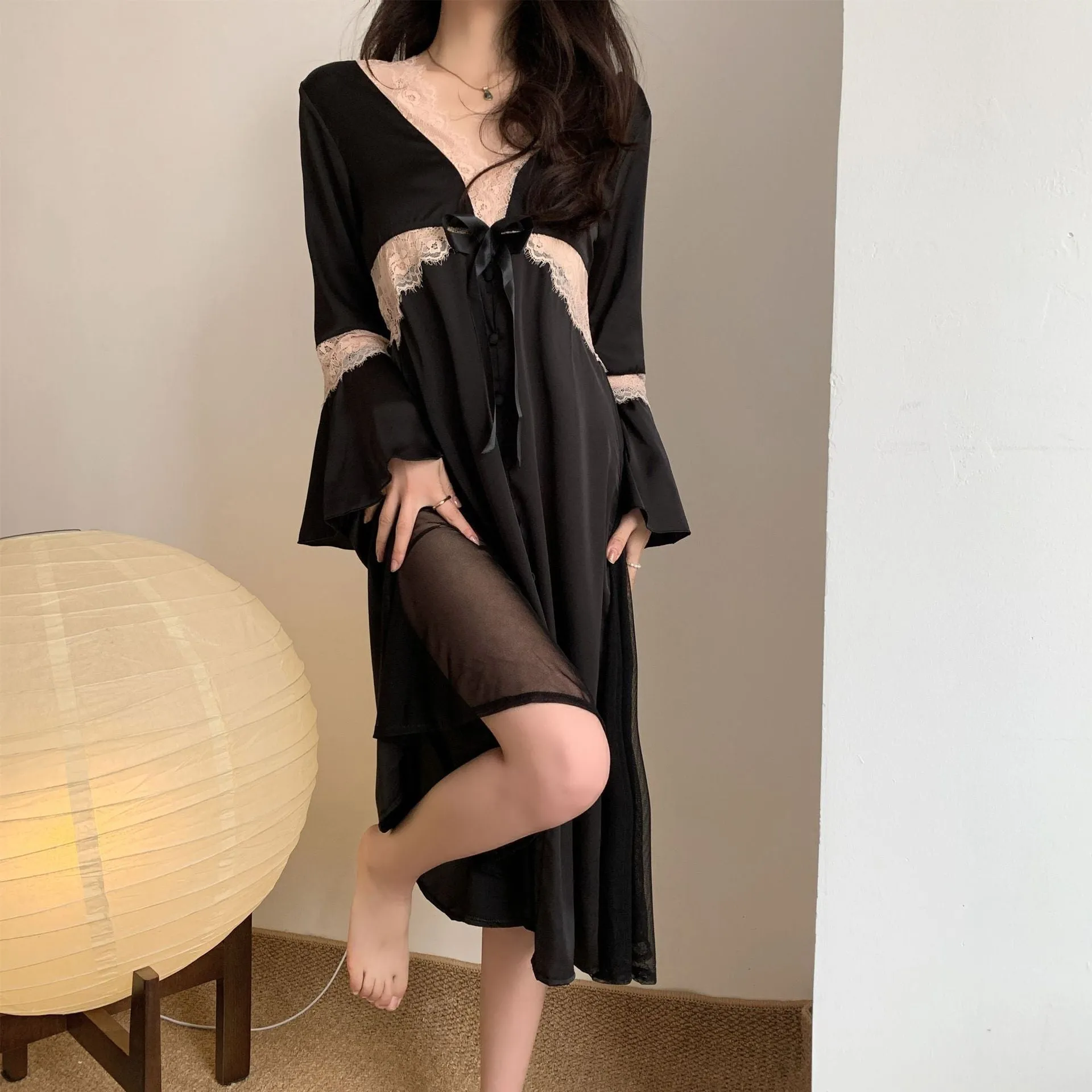 Women's Pajamas Sexy Long Dress Bell Sleeve Silk Like Homewear Deep V Skirt Sexy Lace Dress Sleepdress Nightgown Femme