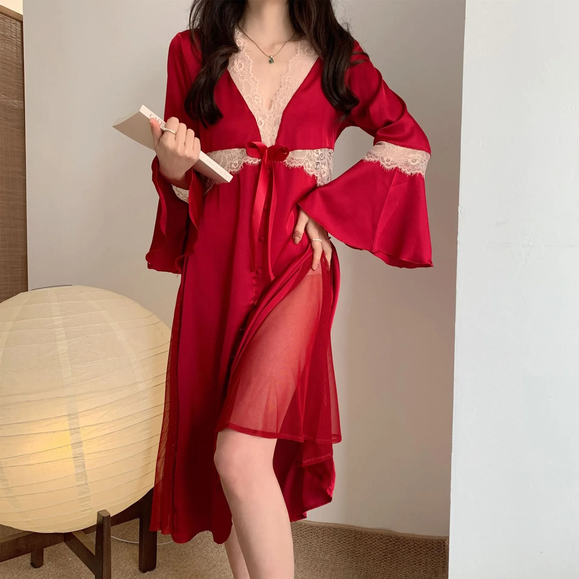 Women's Pajamas Sexy Long Dress Bell Sleeve Silk Like Homewear Deep V Skirt Sexy Lace Dress Sleepdress Nightgown Femme