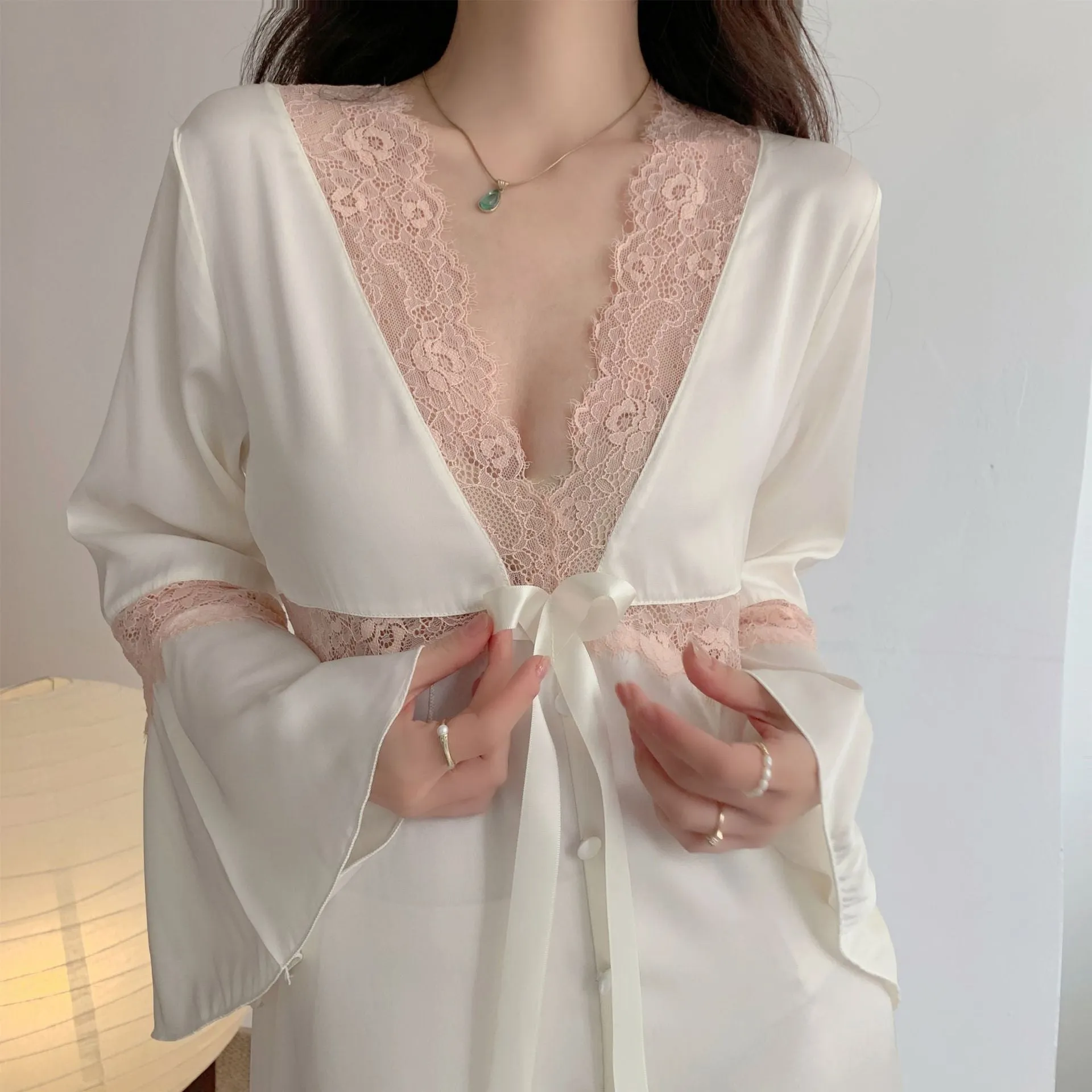 Women's Pajamas Sexy Long Dress Bell Sleeve Silk Like Homewear Deep V Skirt Sexy Lace Dress Sleepdress Nightgown Femme