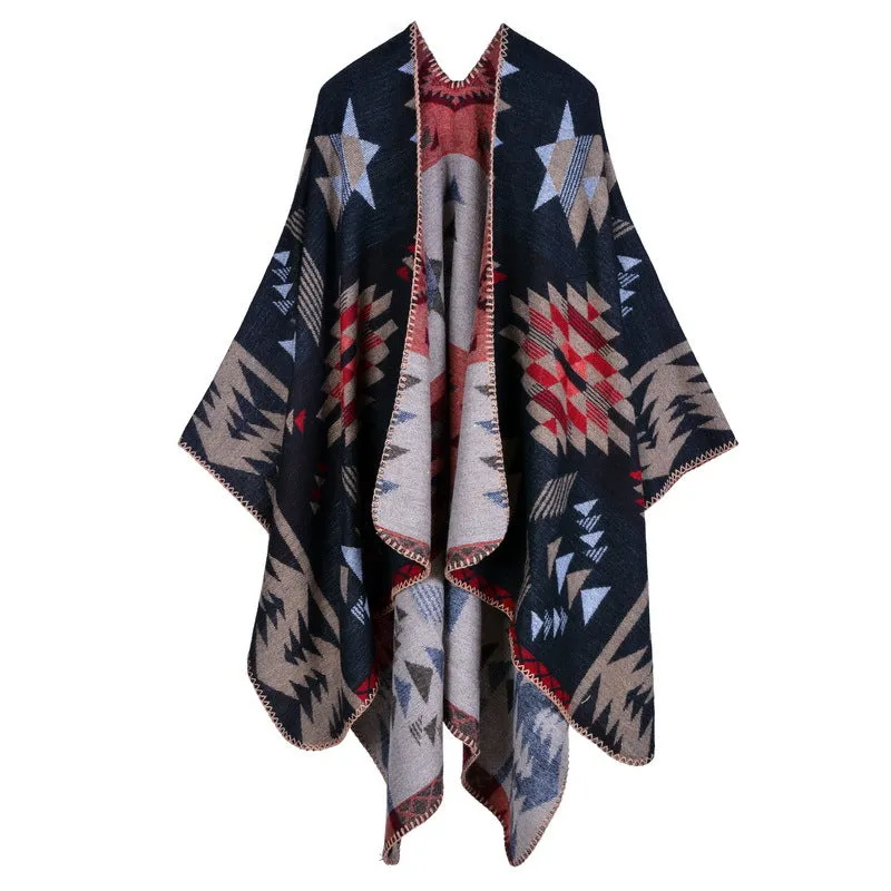 Women's plaid blanket shawl wrap winter versatile cloak oversized cardigan sweater