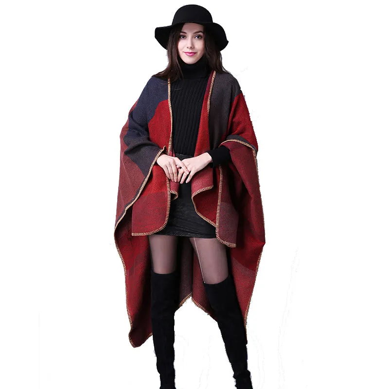 Women's plaid blanket shawl wrap winter versatile cloak oversized cardigan sweater