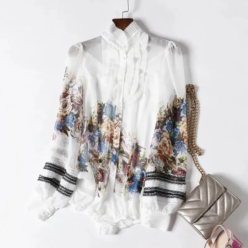 Women's Ruffles Floral Printed Long Sleeves Elegant Fashion Designer Silk Shirts&Blouses