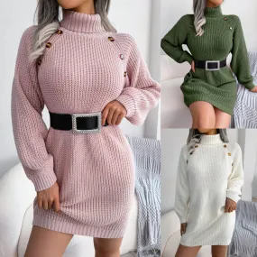 Women’s Winter Turtleneck Long Sweater Dress With Button Design Leisure Clinch Long Sleeve Base Sweater