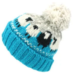 Wool Knit Bobble Beanie Hat - Sheep - Blue Grey