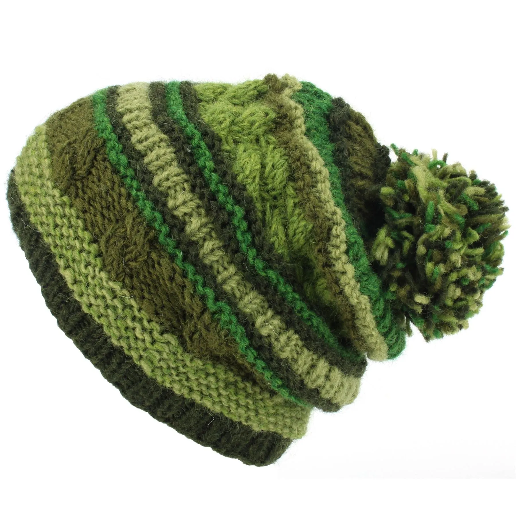 Wool Knit Bobble Beanie Hat - Stripe Green