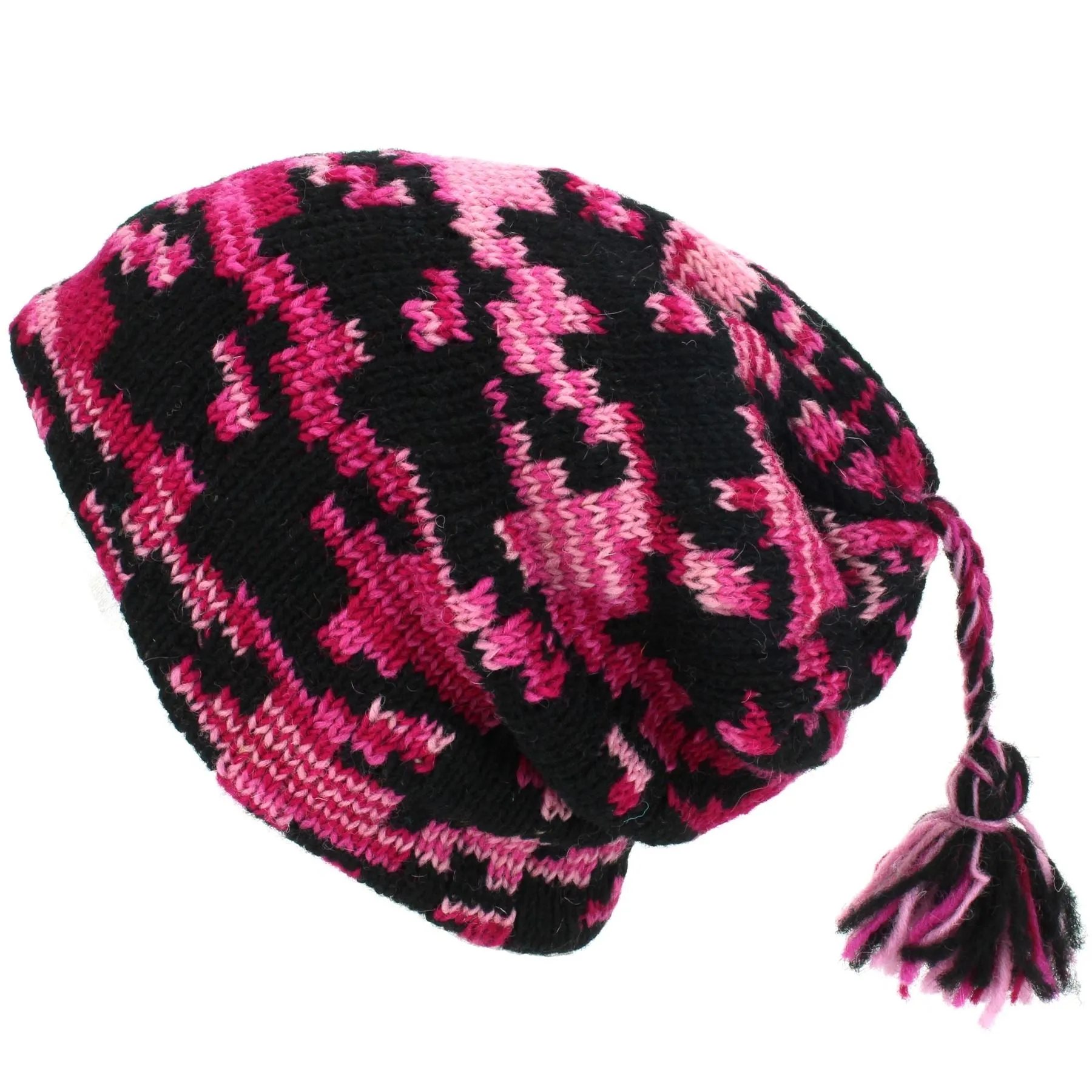 Wool Knit Tassel Beanie Hat - Pink Houndstooth