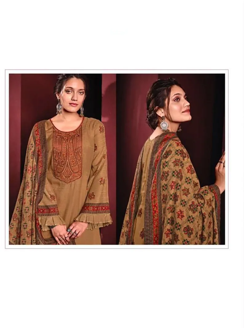 Woolen Pashmina Light Brown Winter Unstitched Suits With shawl