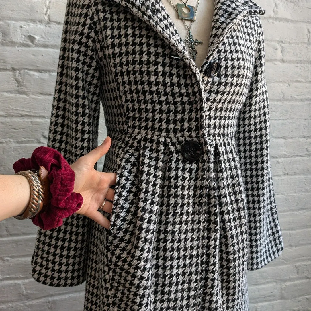 Y2K Vintage Houndstooth Wool Flared Jacket Woven Knit Preppy Whimsygoth Peacoat